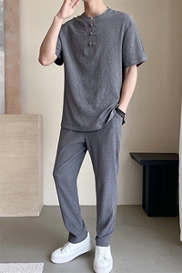 风褶皱盘扣运动休闲套装男士舒适轻薄透气短袖T恤两件套TZ400图片