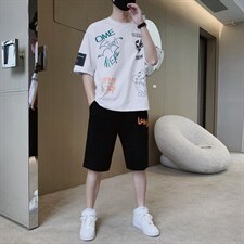 2024夏季休闲T恤套装男装短袖时尚潮流青少年两件套F307P58,男装休闲套装,电商A086
