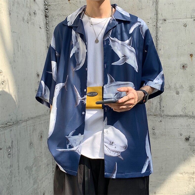 2021夏季新款男士鲨鱼印花宽松短袖衬衫百搭外套潮D85P48,男装衬衫,电商A335-1（原A458）