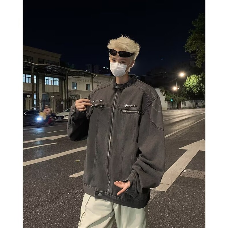 做旧水洗垫肩短款拼接牛仔外套潮牌金属设计感无领夹克男8840/P75,男装工装外套,星座506