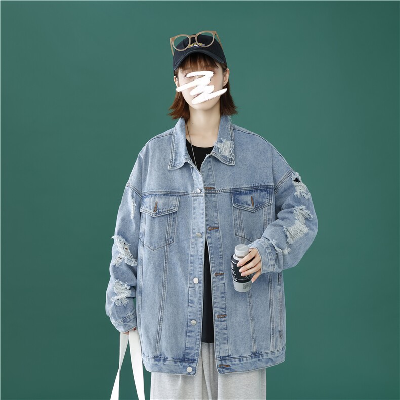 jk629-p70-限价98 现货破洞港风大码肥仔牛仔外套ins宽松夹克图片