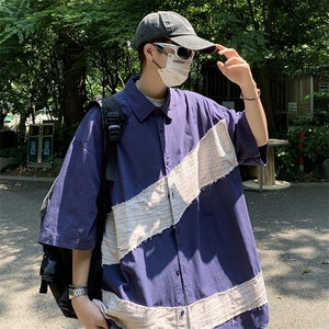 夏季宽松美式复古港风拼接短袖衬衫设计感CS0110-P38图片
