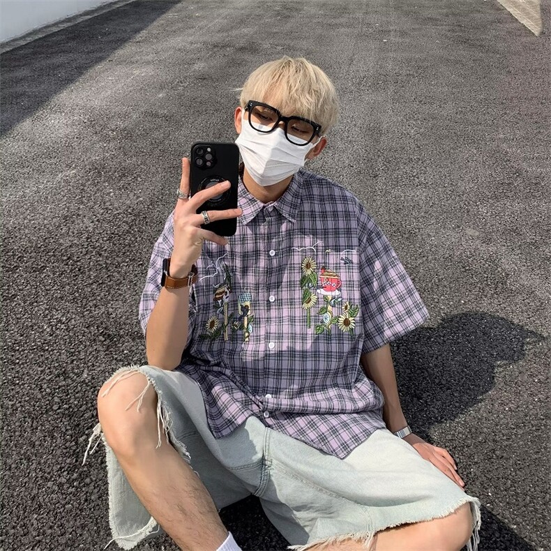 潮五分袖新款标准衬衫格子夏季男文艺青春流行ins慵懒方领简约,男装衬衫,星座716-4