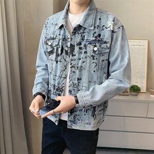 JK823-p90-限价138 现货店主风牛仔夹克肥仔量足破洞印花大码图片