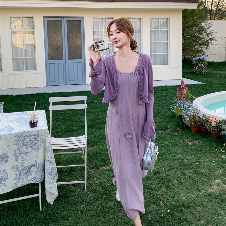 紫色开衫法式浪漫吊带连衣裙女夏2025新款甜美温柔风流行长裙,女装连衣裙,2C081