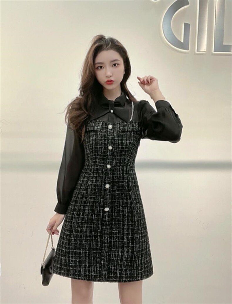 现货冬季连衣裙珍珠假两件，女装连衣裙，嘉利得