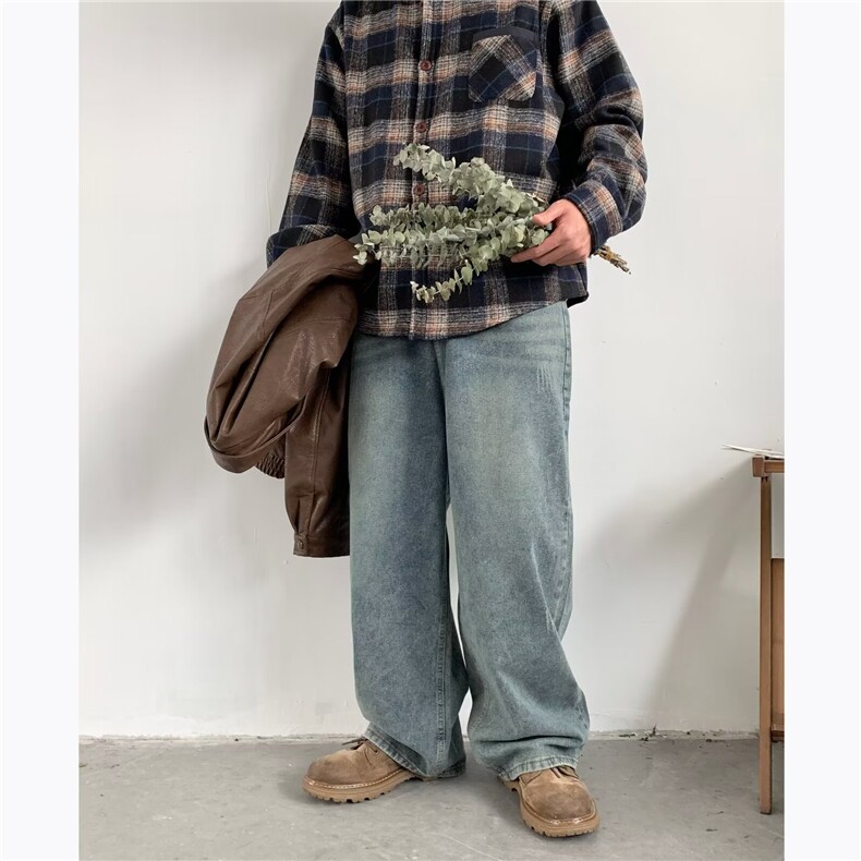 美式高街水洗蓝色牛仔裤男潮牌ins宽松阔腿直筒裤做旧微喇裤N8831,男装牛仔裤,星座601-2