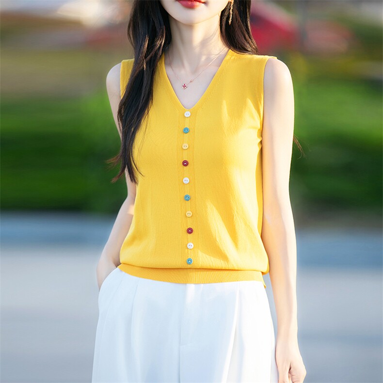 2025夏设计感彩扣冰丝针织吊带背心女内搭外穿V领无袖坎肩上衣T恤图片