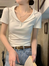 夏季法式Polo翻领正肩收腰遮肉短袖显瘦上衣，女装T恤，湘姗