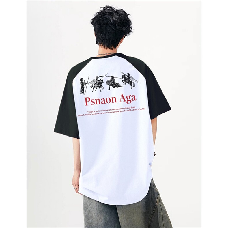 抖音得物高品质二开240克宽松纯棉美式潮牌插肩袖拼接短袖T恤图片