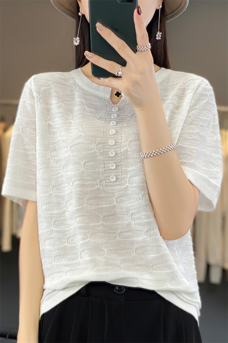 23夏季薄款竹节麻V领针织短袖女百搭纯色套头T恤宽松显瘦半袖上衣,针织衫/毛衣,大美人包芯纱店