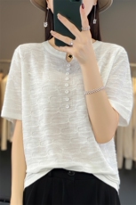 23夏季薄款竹节麻V领针织短袖女百搭纯色套头T恤宽松显瘦半袖上衣，女装针织衫/毛衣，大美人包芯纱店