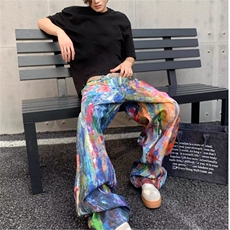 网图美式潮牌泼墨涂鸦牛仔裤男士宽松直筒复古油画风长裤阔腿裤子，男装牛仔裤，星座813-2