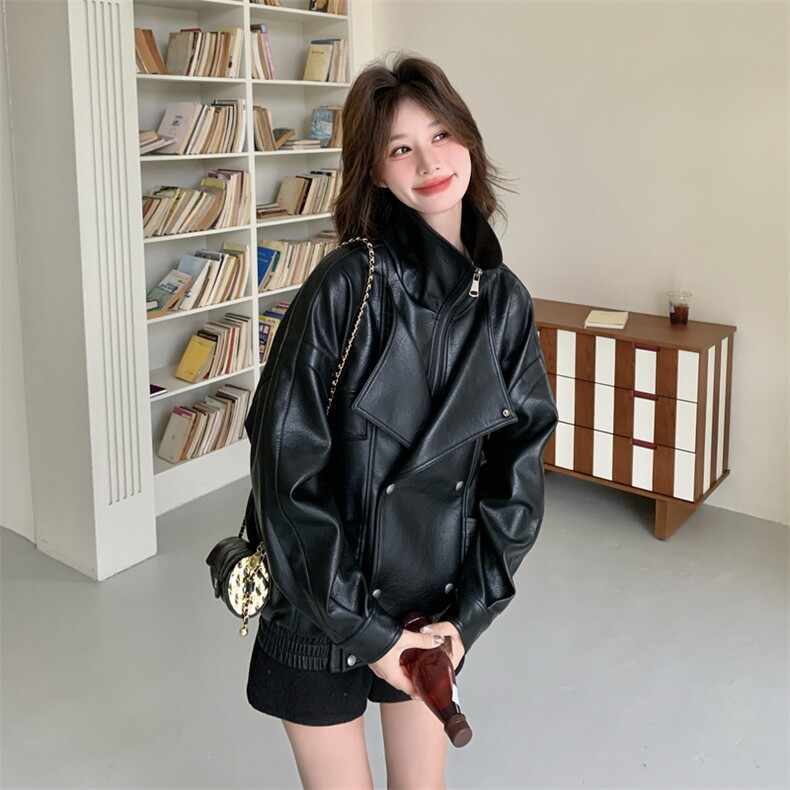 经典泡皮分割线翻领双排扣机车夹克皮衣C016-609-P195-K318,女装皮衣,2C016