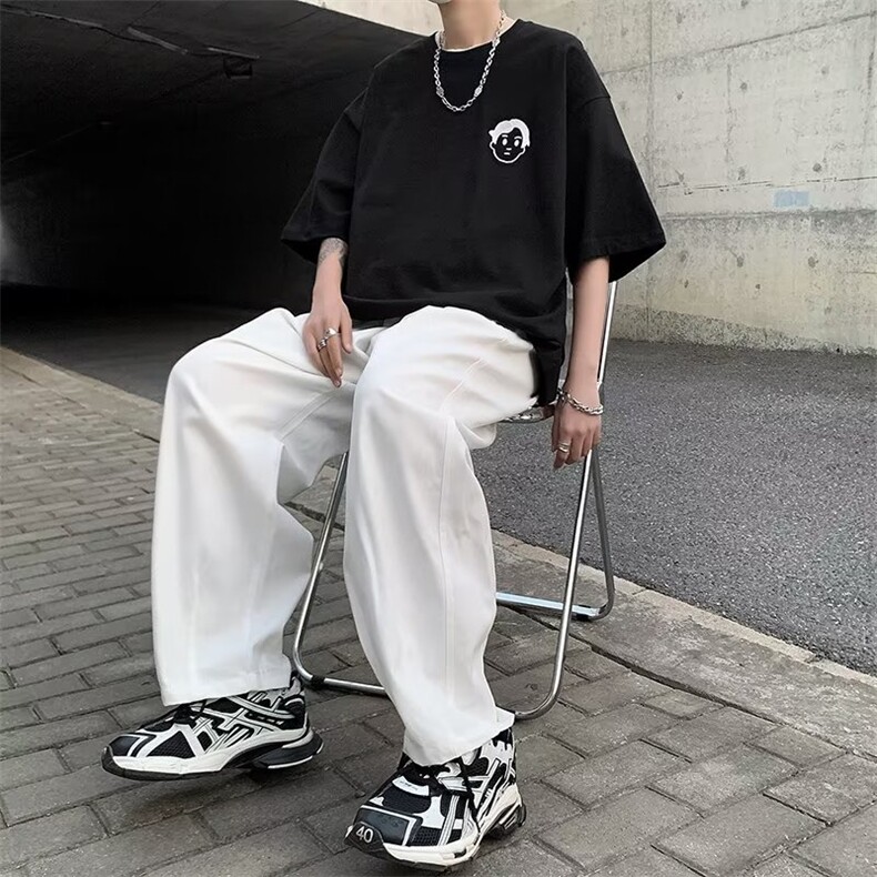 高级进口纯棉23直筒拖地长裤宽松坠感阔腿休闲港风卫裤CK104-P55图片