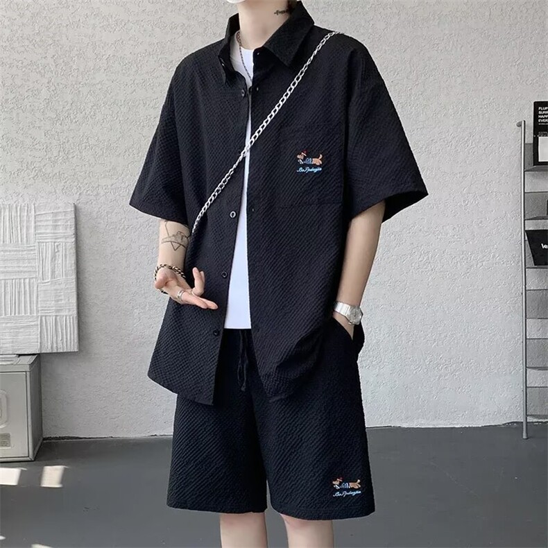 泡泡纱男士套装夏季冰丝短裤短袖衬衫两件套潮牌男生酷帅一整套,男装衬衫,星座1210-1