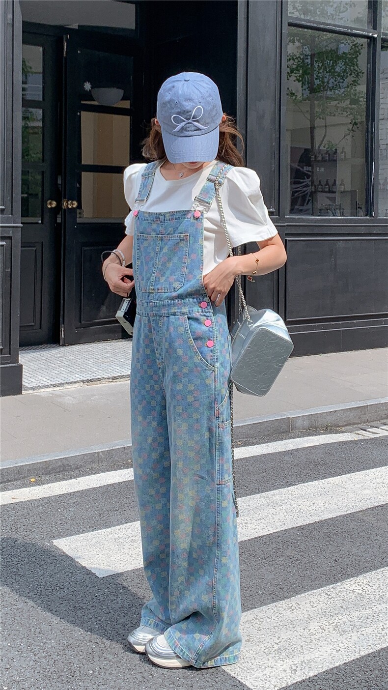 甜美气质棋盘格牛仔背带裤套装女夏2025新款又酷又飒穿搭两件套,女装套装/套裙,2D148