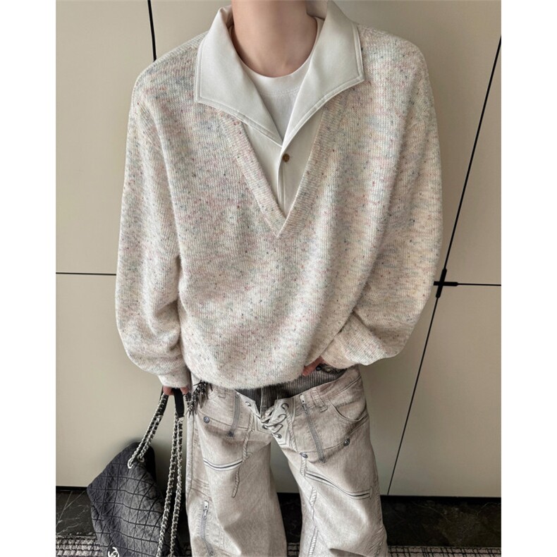 美式男士卫衣慵懒风彩点假两件翻领毛衣外衣宽松休闲针织衫，男装针织衫/毛衣，电商B319