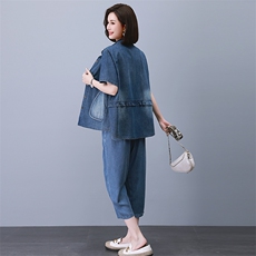 2023夏季新款时尚气质翻领显瘦休闲舒适牛仔两件套，女装套装/套裙，独衣靓