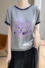 夏季新款莱赛尔天丝印花撞色圆领短袖女宽松百搭显瘦时尚上衣，女装T恤，暖娇绒包芯纱店