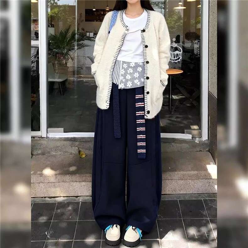 日系简约休闲风藏蓝色加绒卫裤女遮胯显瘦高腰阔腿裤百搭2025冬季,男装休闲裤,星座506A