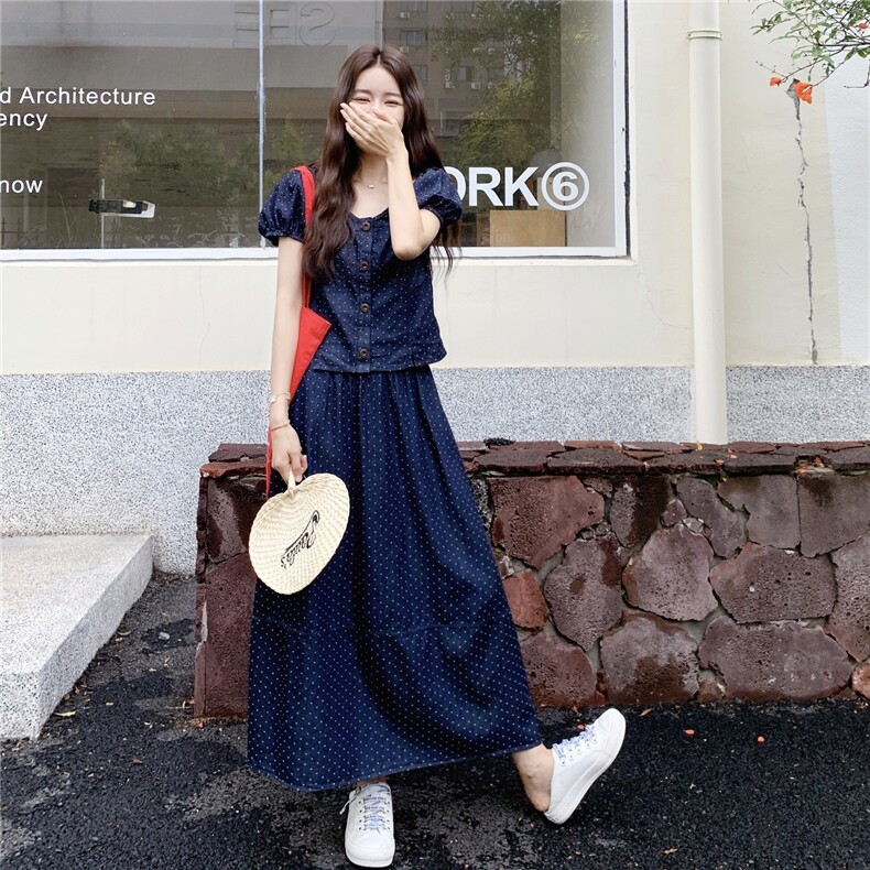 韩系甜美波点牛仔两件套装女2025夏季新款小个子泡泡袖上衣半身裙图片