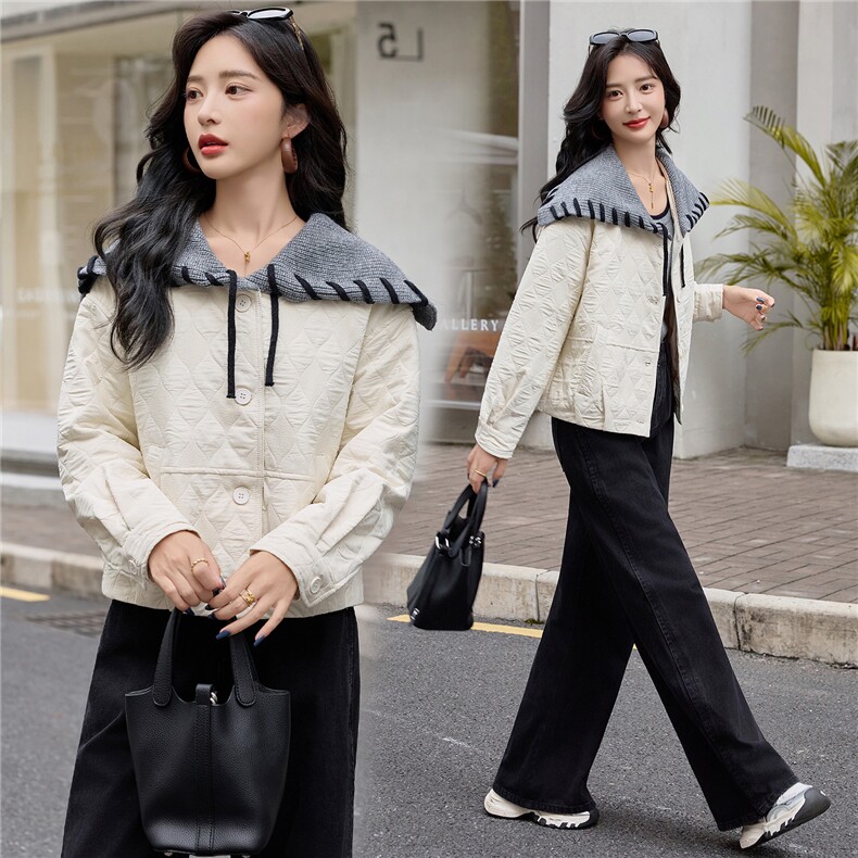 时尚针织大翻领拼接短外套女2025秋季新款百搭显瘦小个子夹克上衣,女装短外套,慕依路