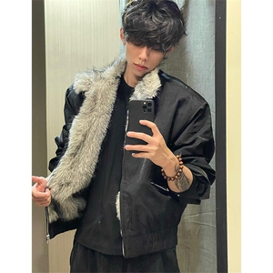 座山雕毛领棉服外套男秋冬加绒加厚棉衣高级感痞帅美式飞行员夹克