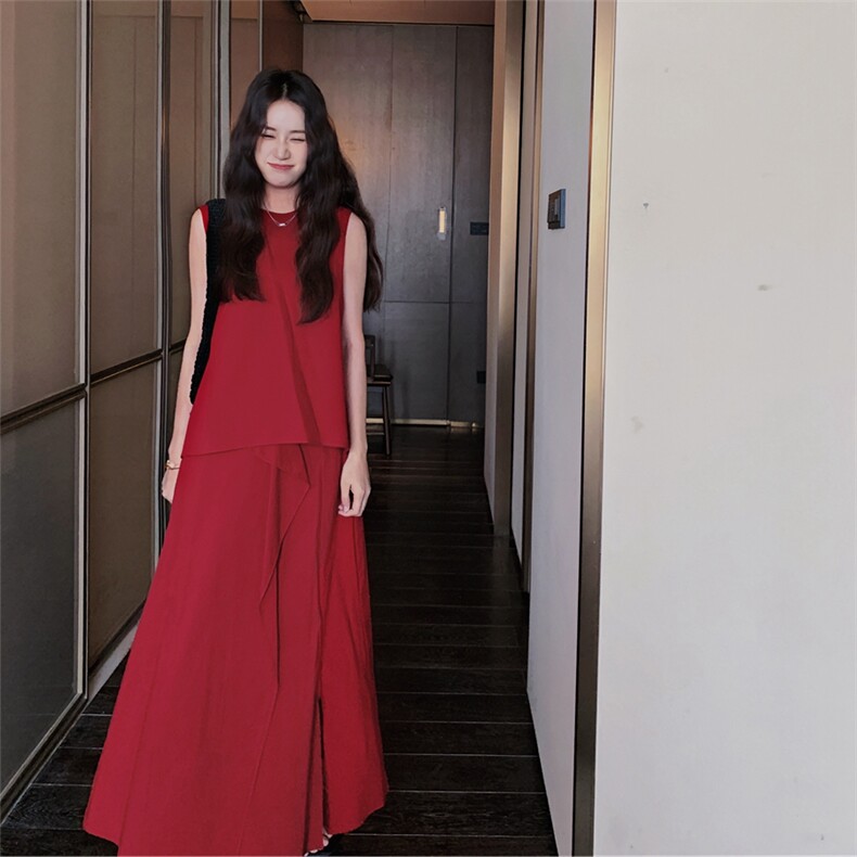 红色不规则拼接法式连衣裙2025新款女初夏假两件高级感小众背心裙,女装套装/套裙,2C137