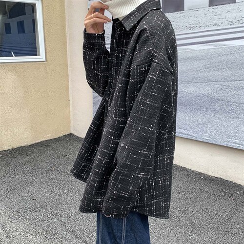 加厚格子衬衫男士潮流宽松高街潮牌秋季呢料休闲衬衣外套DX129P60图片