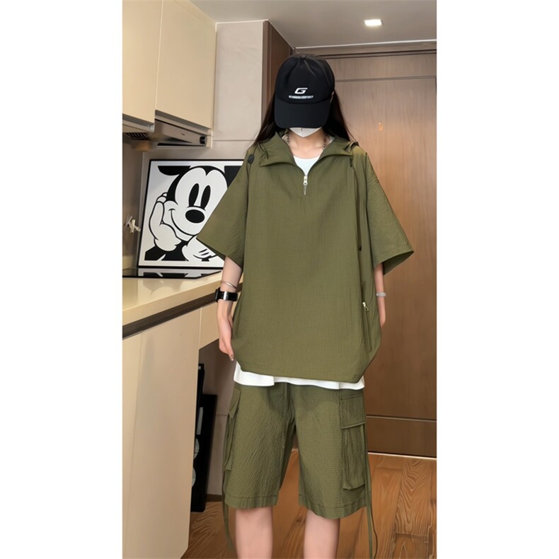 量大优供视频泡泡纱夏款连帽套装短袖短裤男CP74TZ-特p60,男装休闲套装,电商B371