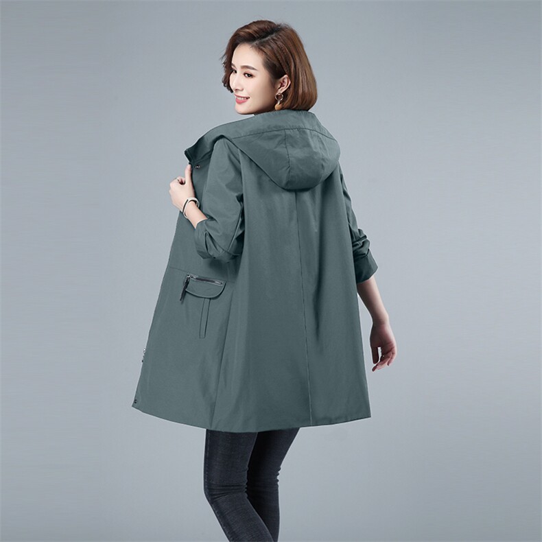 春秋女士风衣外套宽松连帽休闲拉链口袋中长款纯色527款,女装风衣,秋牧寒烟