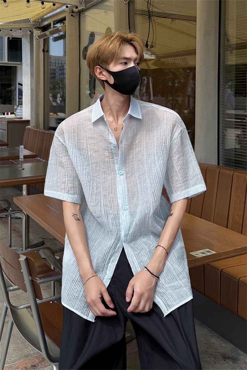 肌理感竖条纹短袖衬衫男夏季潮牌学院风宽松防晒轻薄凉感衬衣外套,男装衬衫,电商A102