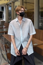 肌理感竖条纹短袖衬衫男夏季潮牌学院风宽松防晒轻薄凉感衬衣外套，男装衬衫，电商A102