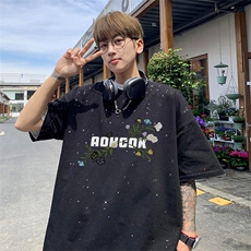 可48小时发货支持抖音得物来样二开美式满天星亮片短袖T恤MTX724，男装T恤，电商A486
