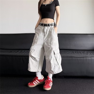 情侣美式个性复古多口袋工装七分裤女夏季宽松休闲裤K6345-P53图片