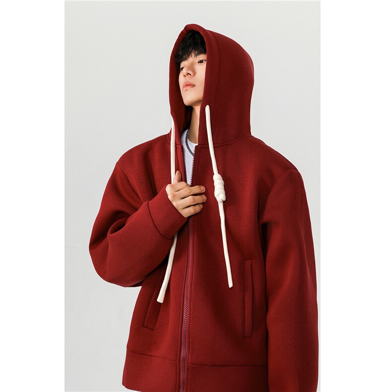 重磅500克手工编绳纯色连帽开衫卫衣cleanfin外套男H1053特P80,男装卫衣,电商A341