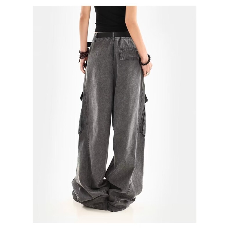 H227-P46复古美拉德棕色褶皱大口袋工装牛仔裤，男装牛仔裤，电商B323A