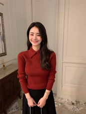 秋冬新款polo领女修身套头纯色上衣针织衫，女装针织衫/毛衣，玛卡隆羊绒