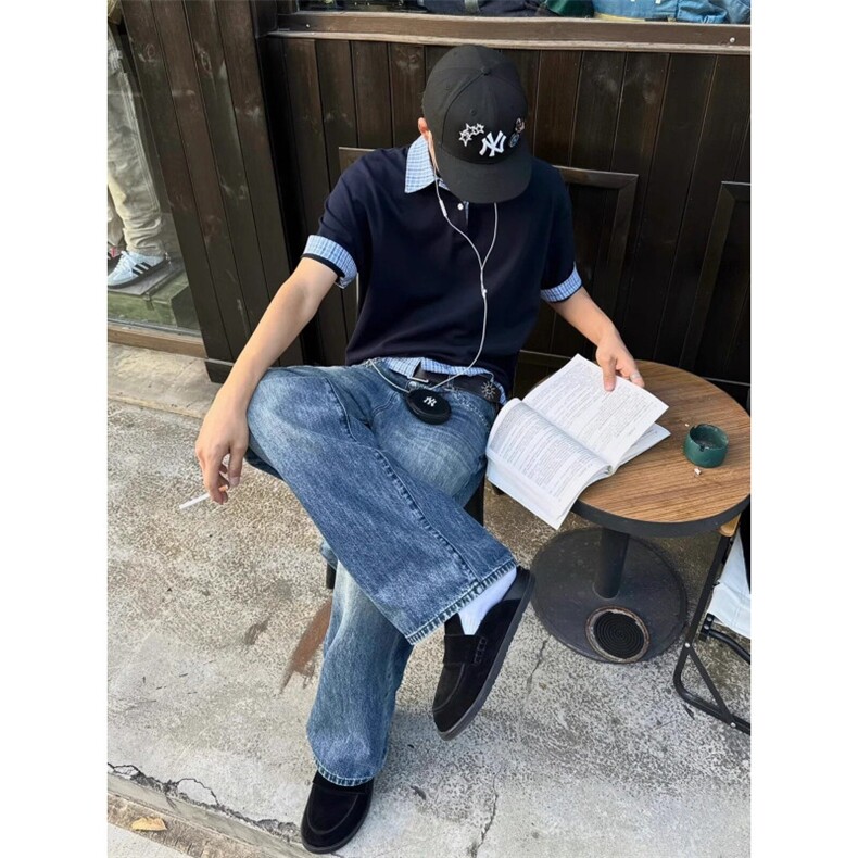 藏青色假两件短袖男款夏季潮牌衬衫拼接t恤重磅美式学院风polo衫,男装Polo衫,四季星座505
