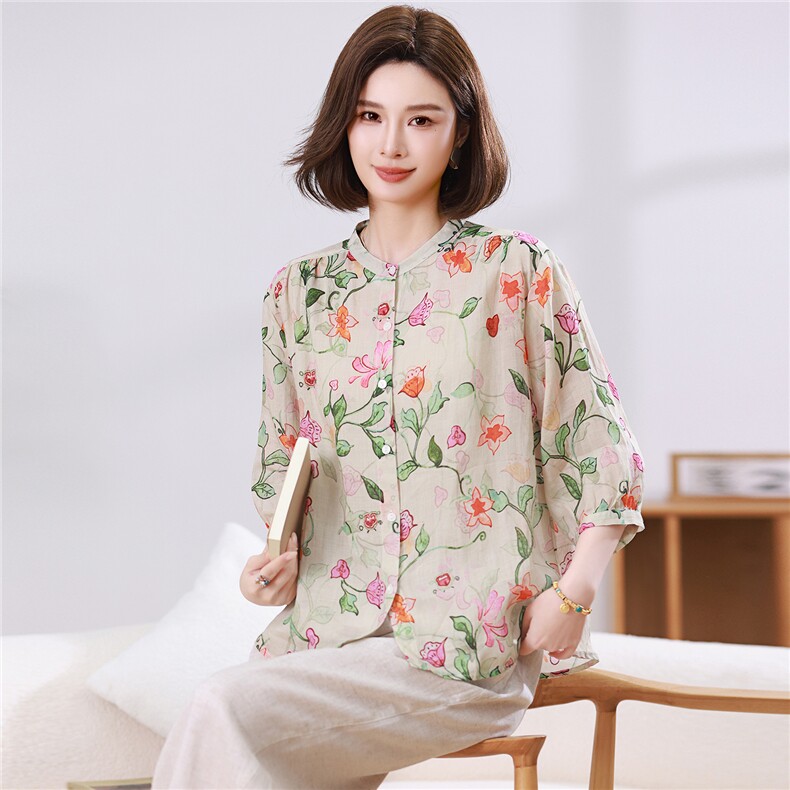 苎麻印花衬衫2026女夏季薄款透气中袖上衣中年妈妈宽松减龄,女装衬衫,忆绮罗