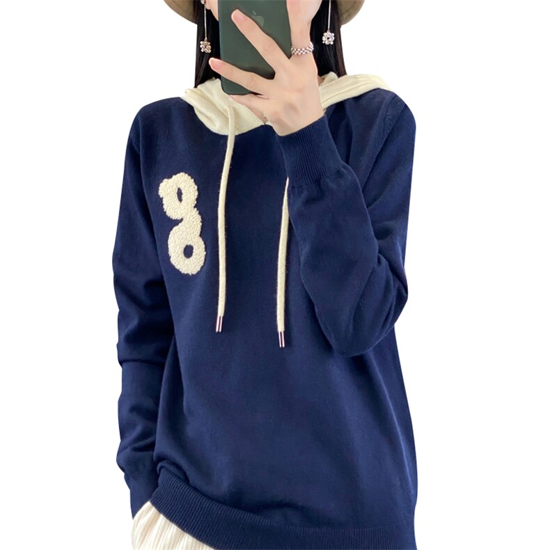 秋冬季新款拼色毛衣女长袖宽松显瘦百搭帽衫上衣,针织衫/毛衣,贵皇网供仓
