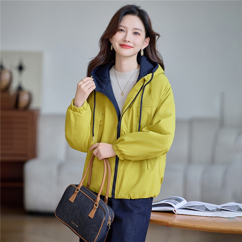 现货!2025年冬季时尚夹棉加厚连帽撞色女外套,女装棉衣/棉服,依恋蒂丝