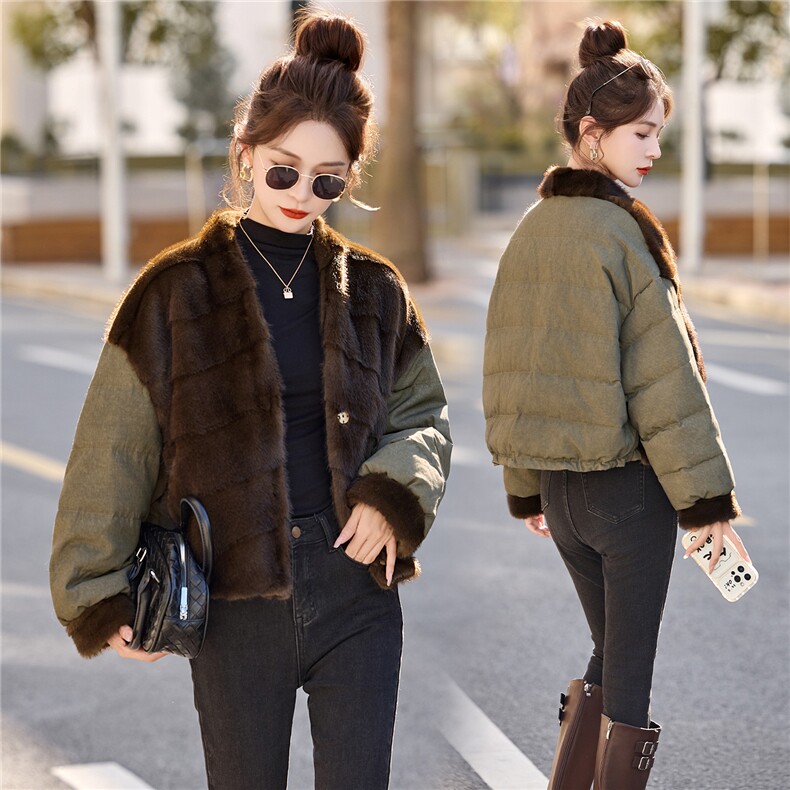 现货.时尚流行欧款拼水貂毛羽绒服,女装羽绒服,布芭啦