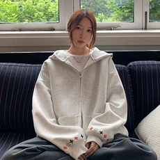 韩版宽松休闲连帽加绒卫衣外套女秋冬重磅痞帅简约纯色双拉链开衫，女装短外套，星座218-8