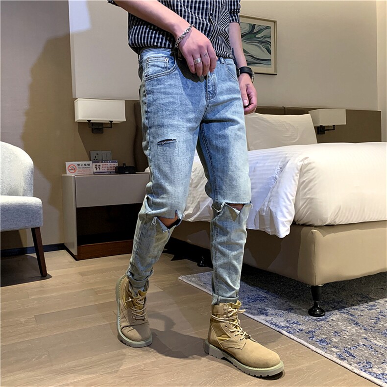B230-1028 P85 复古浅蓝色刀割破洞切边休闲小脚弹力牛仔裤男青年图片