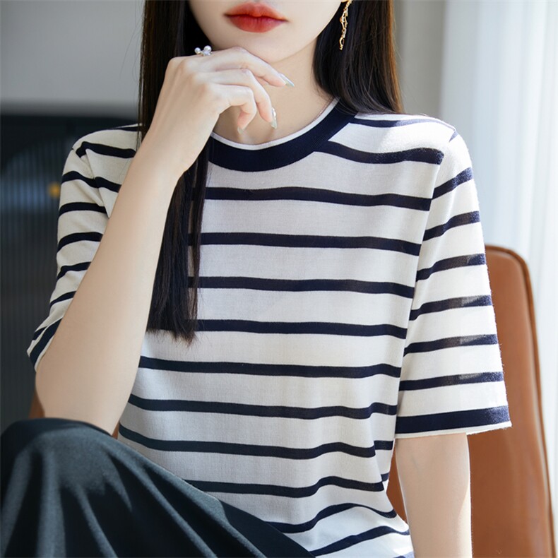 轻奢高级风！桑蚕丝撞色条纹圆领针织短袖T恤女,针织衫/毛衣,暖烁羊绒