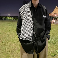 千鸟格拼色衬衫男韩版潮流百搭2023春秋新款ins宽松外套W3103-P36，男装衬衫，星座412-2