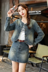 牛仔短裙套装女春秋时尚洋气时髦2025新款小个子漂亮独特套装裙，女装套装/套裙，意芙