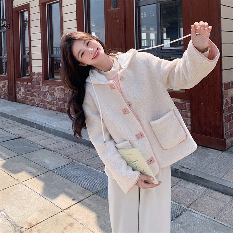 粉色两面穿羊羔毛外套女2024年冬季新款奶fufu小个子加厚连帽棉服,女装羊羔毛/颗粒绒,浪娴服饰